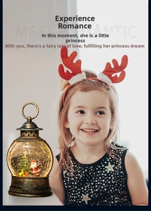 Close-up of vintage bronze Christmas lantern with Santa scene and swirling snowflakes