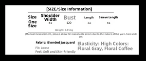 Detailed size chart for oversized knitted cardigan showing bust, length and sleeve dimensions