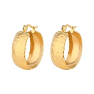 Golden stainless steel hoop earrings with textured wheat ear pattern and polished finish