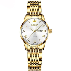 Luxury gold stainless steel watch for women with white dial and day date display