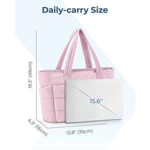 Pink quilted tote bag size guide showing 19.3x13.8x6.3 inches with 15.6 inch laptop