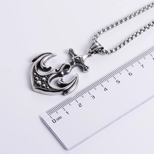 Silver stainless steel anchor necklace pendant with bead chain and ruler scale measurement