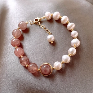 Elegant Beaded Bracelet With Natural Artificial Pearl And Pink Strawberry Crystal Quartz For Women French Style Gold Plated Jewelry