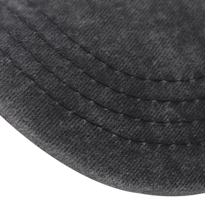 Close-up of four-row stitching on charcoal grey washed cotton baseball cap brim