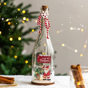 Christmas snowman glass jar with LED lights and wooden base for festive table decoration