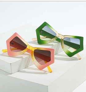 Detail of trendy geometric sunglasses with green yellow and pink gradient lenses