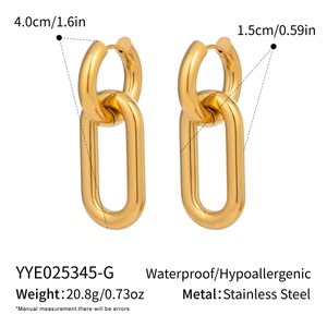 Detail showing dimensions and 18K gold plated stainless steel texture of these hoop earrings