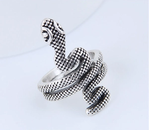 Close-up of vintage silver snake ring featuring detailed scales and a serpent head design