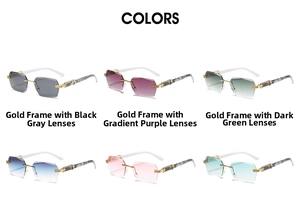 Detailed grid showing six rimless gradient sunglasses with gold metal hardware and marble temples