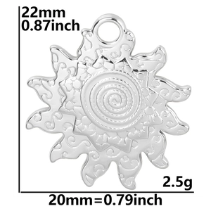 Detail view of 20mm sun pendant with spiral texture and size measurement labels