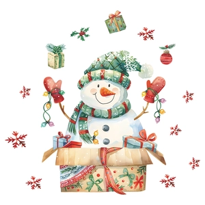 Aquarell Weihnachts-Schneemann Wandaufkleber mit Geschenkboxen und bunter Lichterkette
