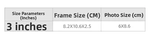 Size chart for 3 inch minimalist wooden photo frame with dimensions and photo specifications