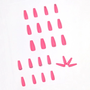 Hot pink long ballerina press-on nails with rhinestone accents and matte finish