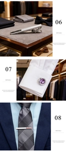 Detailed macro view of silver tie clips and cufflinks with purple faceted crystal stones
