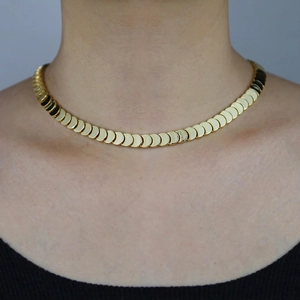 Golden crescent moon choker necklace with minimalist layered semi-circle metal design