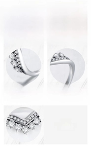 Detailed view of S925 sterling silver V-shaped ring with hand-set 5A cubic zirconia stones