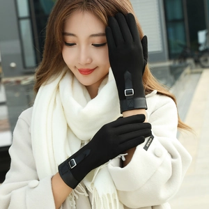 Women's black suede winter gloves with warm lining and touch screen finger tips