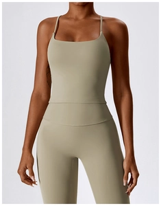 Front view of sage green strapless yoga tank top and high-waist sports leggings