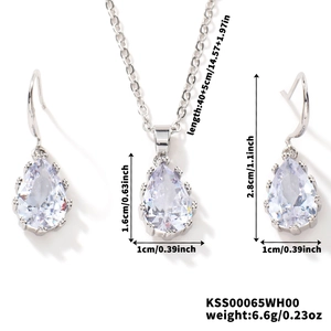 Detailed dimensions of pear-shaped crystal jewelry set with necklace and earrings