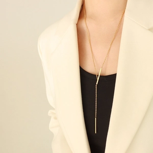 Minimalist Y-shaped gold-plated stainless steel necklace with geometric bar pendants
