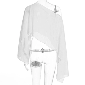 Detail of white semi-transparent asymmetrical knit poncho with thin ice silk texture