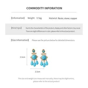Size information and dimensions for the vintage stone drop earrings in blue and gold