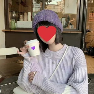 Lavender purple knit beanie and ribbed sweater set in a trendy minimalist Korean style