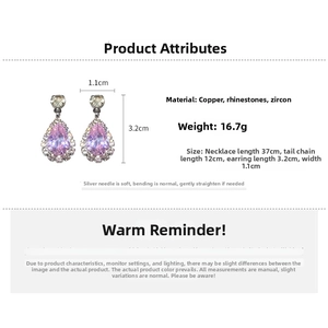 Detail of purple pear-cut waterdrop earrings with white zircon trim and size specs
