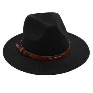 Close-up of black wool fedora featuring a brown leather band and metal buckle detail
