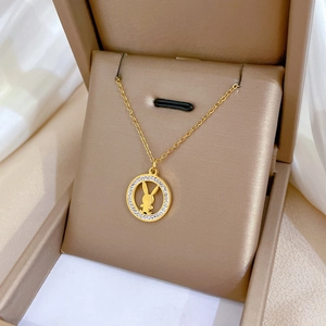Goldene Titanstahl-Halskette mit Kaninchen-Anhänger und Strass in einer Schmuckschatulle
