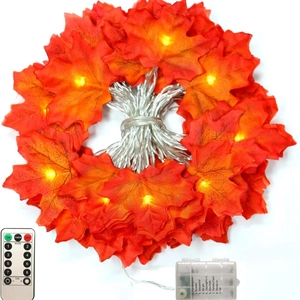 Artificial maple leaf LED string lights with remote control and warm yellow glow
