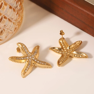 Gold starfish stud earrings with sparkling crystals and realistic 18K gold texture