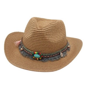 Western straw cowboy hat with turquoise beads, tassels and ethnic style decorations