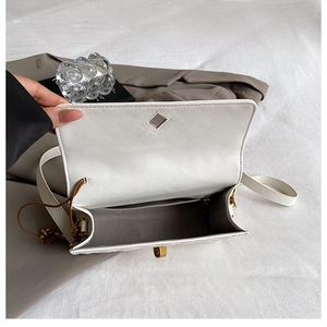 Detail view of white crossbody bag featuring herringbone lining and gold lock