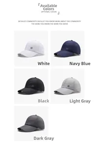 Detail view of quick-dry baseball caps in five colors with breathable side vents