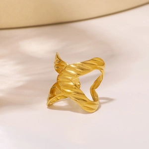 Vintage Cross Textured Open Ring 18K Gold Plated Stainless Steel Adjustable Twist Croissant Jewelry For Women