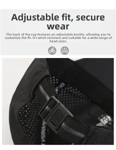 Detail of adjustable plastic buckle and breathable mesh on black sports baseball cap