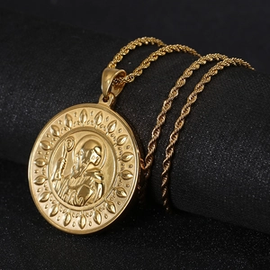 Hip hop style gold stainless steel Saint Benedict cross pendant necklace with rope chain