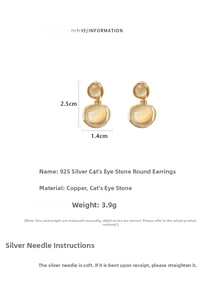 Detailed size specifications of gold metal cat eye stone earrings with silver needles