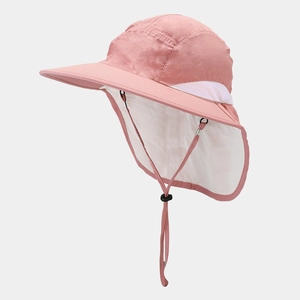 Pink sun hat detail with neck protection flap and white breathable mesh side panels