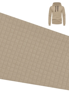 Detailed macro view of khaki waffle knit fabric texture on men's pullover hoodie