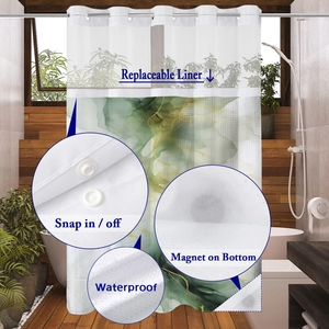 Detail of waterproof floral shower curtain with snap-in liner and magnetic bottom weight