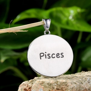 Close-up of silver Pisces zodiac pendant hanging on a branch with natural backdrop