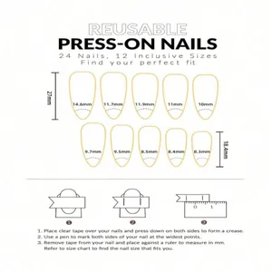 Detailed size chart for reusable press-on nails with measuring guide and dimensions