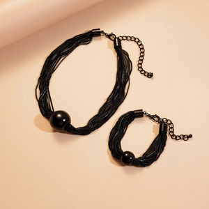 Chic multi-strand black necklace and bracelet set with polished spherical beads for women