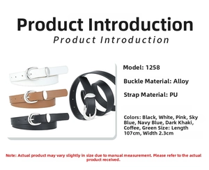 Detailed chart showing PU leather belts in various colors with alloy pin buckle specs