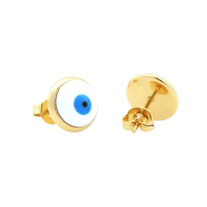 Detail view showing front and back of gold-plated evil eye stud earrings with butterfly clasp