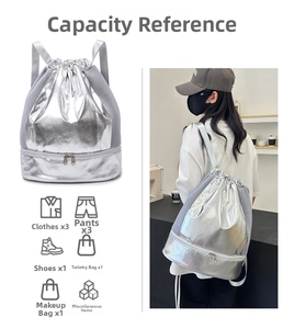 Detail of silver drawstring backpack showing internal capacity for clothes and shoes