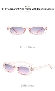 Detail view of oval pink sunglasses with blue-pink gradient lenses and resin frame