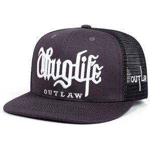 Detail of Thug Life and OUTLAW gothic embroidery on the mesh of a grey trucker hat